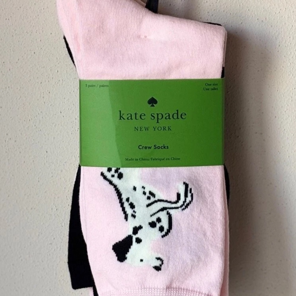 Kate Spade 3 Pack Crew Socks w/Dog Design, Pink Polka Dot & Black with Spades - Picture 4 of 6